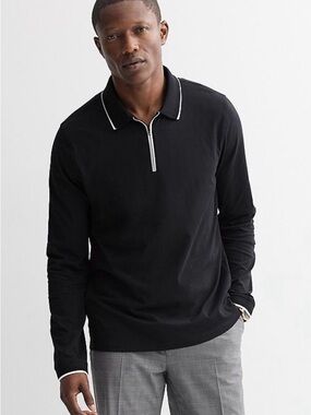 Apt. 9 Black Collared Long-Sleeve Polo with White Contrast Trim